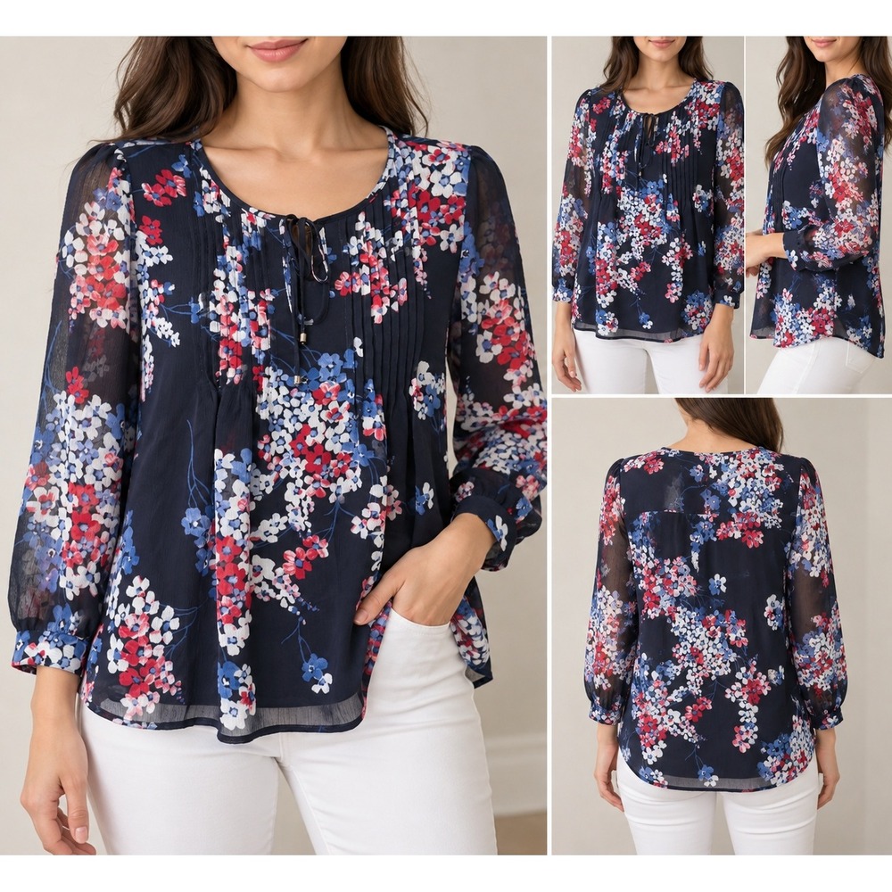 Tommy Hilfiger Navy Blue Floral Pleated Chiffon Blouse Tie Neck Small
